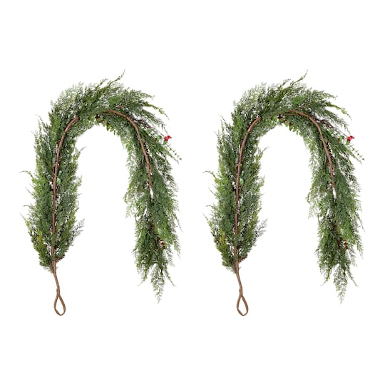 Glitzhome® 6ft. Christmas Greenery Frosted PE Dripping Garland with Pinecones & Red Berries, Set of 2